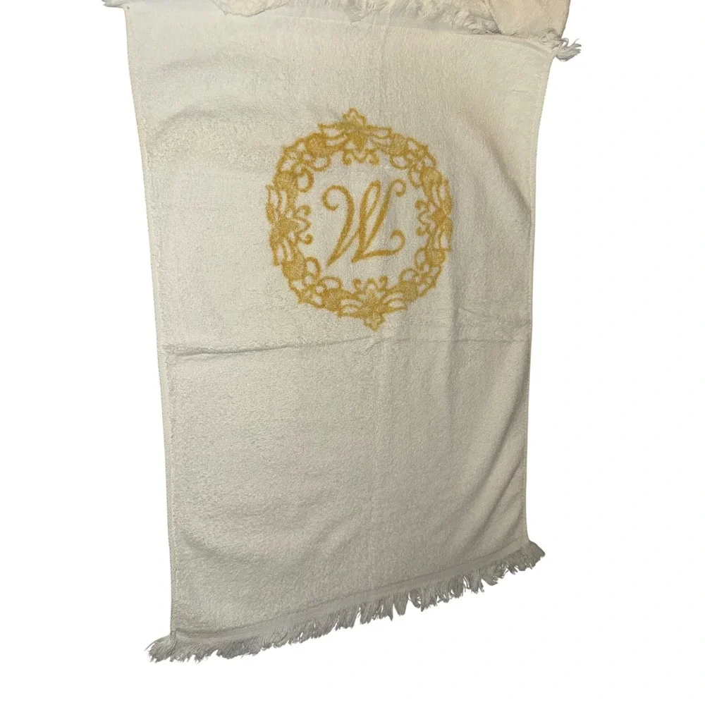 Vintage Ivory Monogrammed Towel Set Gold Letter M Fringe Guest Hand Towels